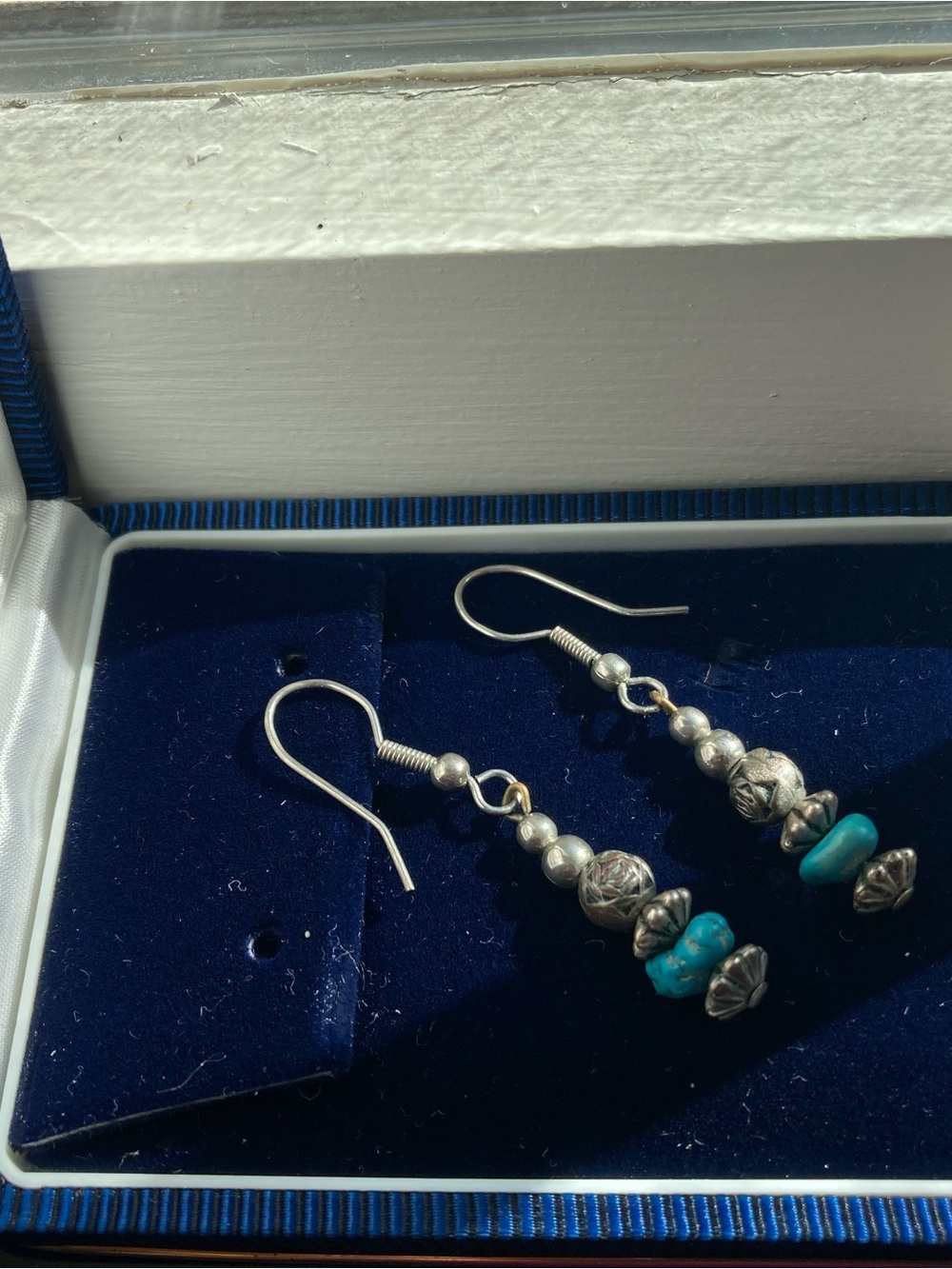 Earrings: Vintage Handcrafted Silver and Turquoise Bead Drop Earrings